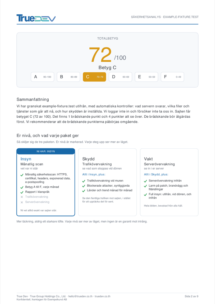 En sida ur en verklig TrueShield-rapport
