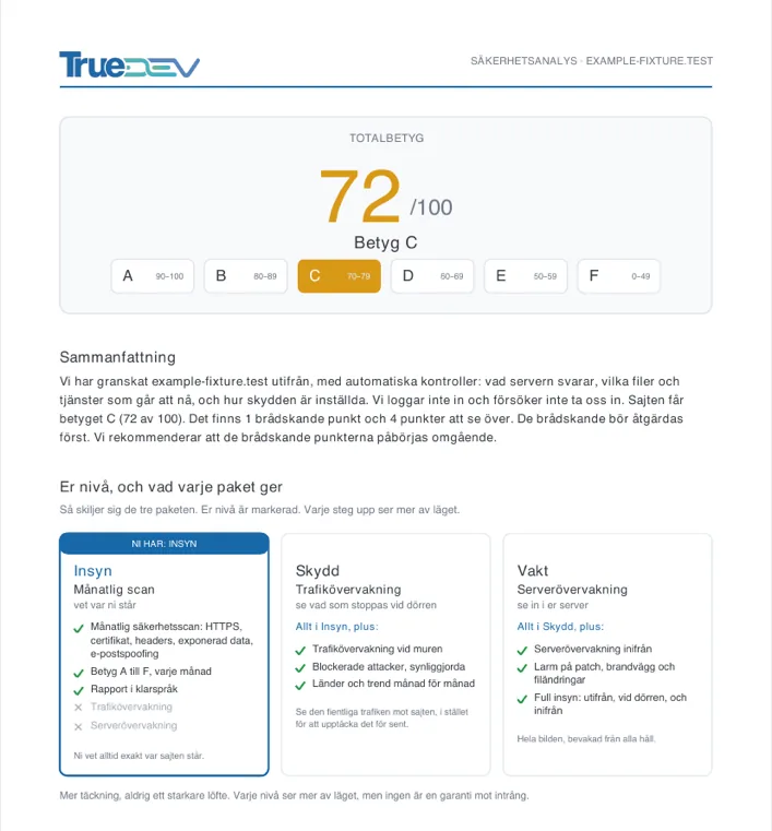 En sida ur en verklig TrueShield-rapport